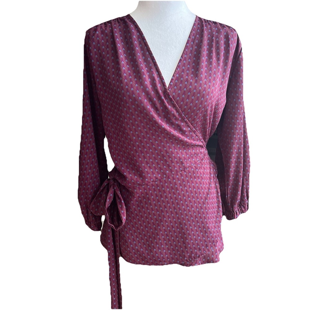 Alison‎ Joy Wrap Top Blouse Womens S Burgundy Career Work Office Bishop Sleeve